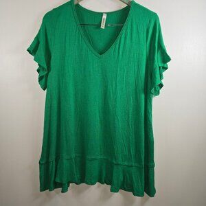 Emerald, V-Neck, Short Sleeve, Emerald Green Peplum Hem, Loose Tee Top, 1X, NWOT
